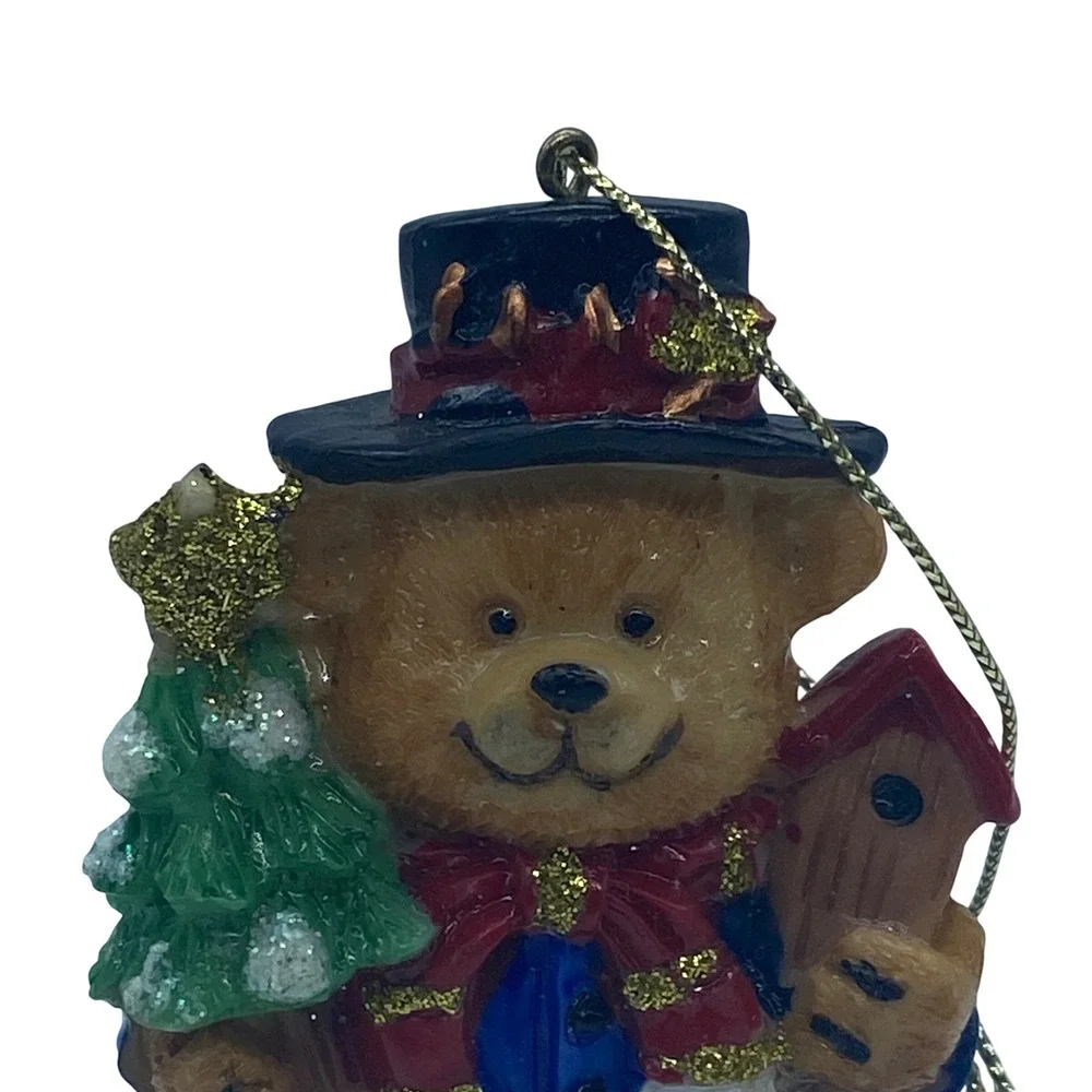 Vtg Teddy Bear Christmas Ornament Resin Figurine Tree Birdhouse Glitter 3